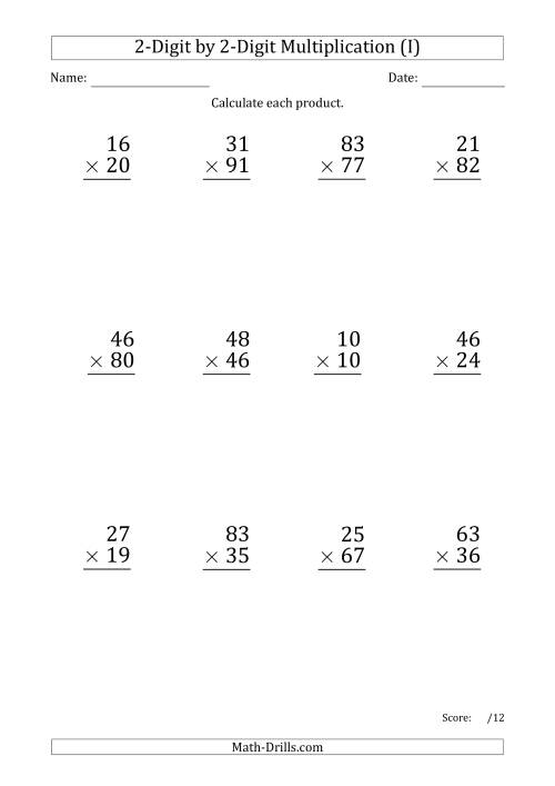 The Multiplying 2-Digit by 2-Digit Numbers (Large Print) with Period-Separated Thousands (I) Math Worksheet