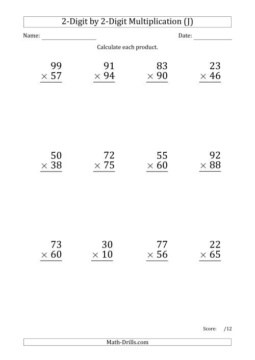 The Multiplying 2-Digit by 2-Digit Numbers (Large Print) with Period-Separated Thousands (J) Math Worksheet