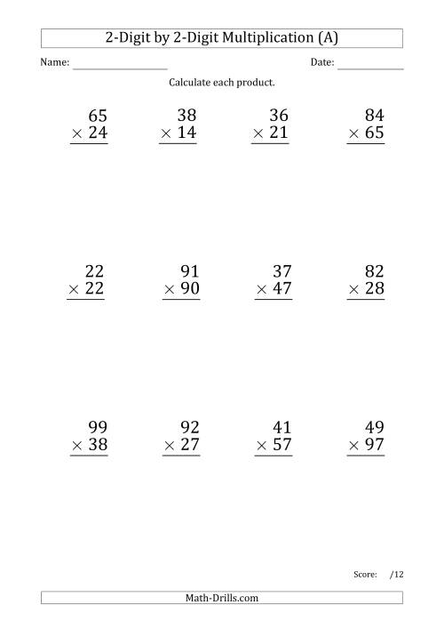 The Multiplying 2-Digit by 2-Digit Numbers (Large Print) with Period-Separated Thousands (All) Math Worksheet