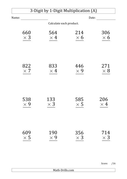The Multiplying 3-Digit by 1-Digit Numbers (Large Print) with Period-Separated Thousands (A) Math Worksheet