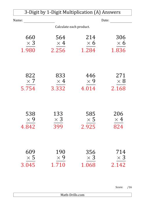 The Multiplying 3-Digit by 1-Digit Numbers (Large Print) with Period-Separated Thousands (A) Math Worksheet Page 2