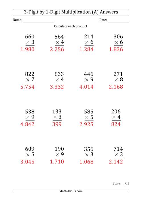 multiplying 3 digit by 1 digit numbers large print with