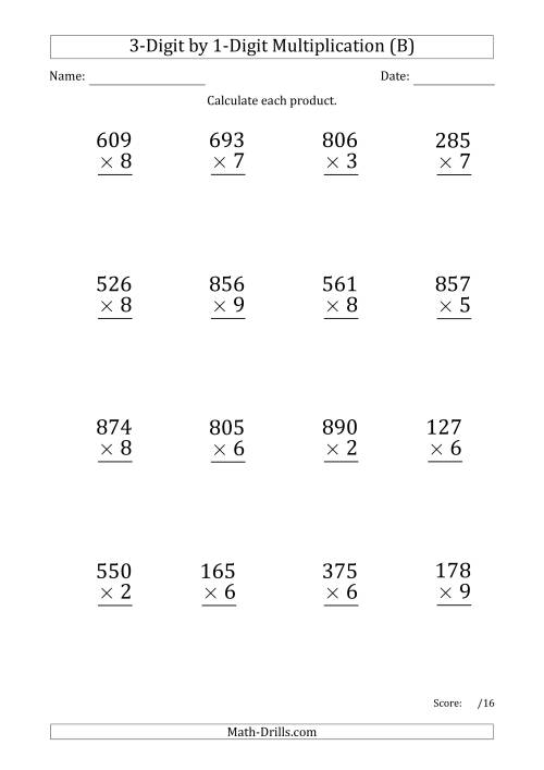 The Multiplying 3-Digit by 1-Digit Numbers (Large Print) with Period-Separated Thousands (B) Math Worksheet