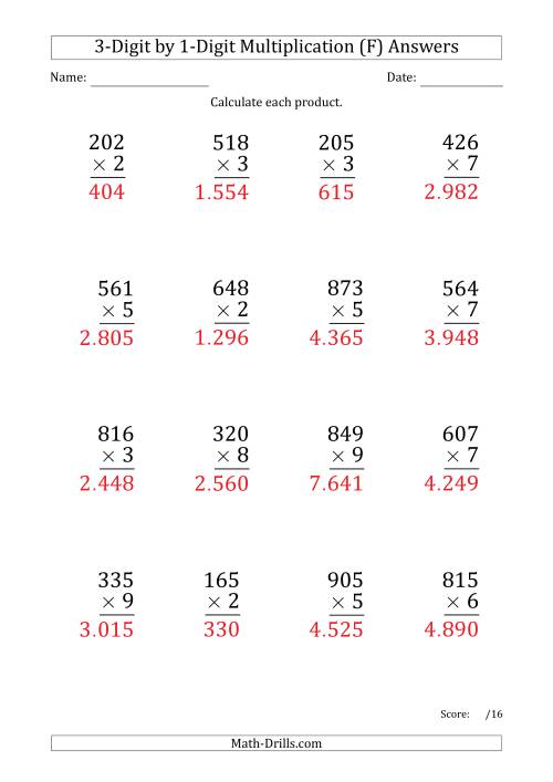 multiplying 3 digit by 1 digit numbers large print with period