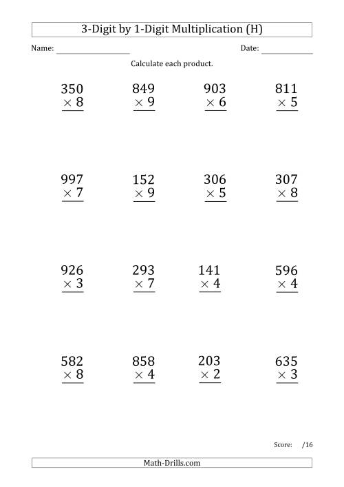 The Multiplying 3-Digit by 1-Digit Numbers (Large Print) with Period-Separated Thousands (H) Math Worksheet