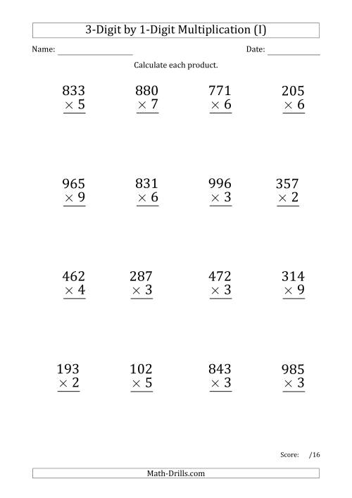 The Multiplying 3-Digit by 1-Digit Numbers (Large Print) with Period-Separated Thousands (I) Math Worksheet