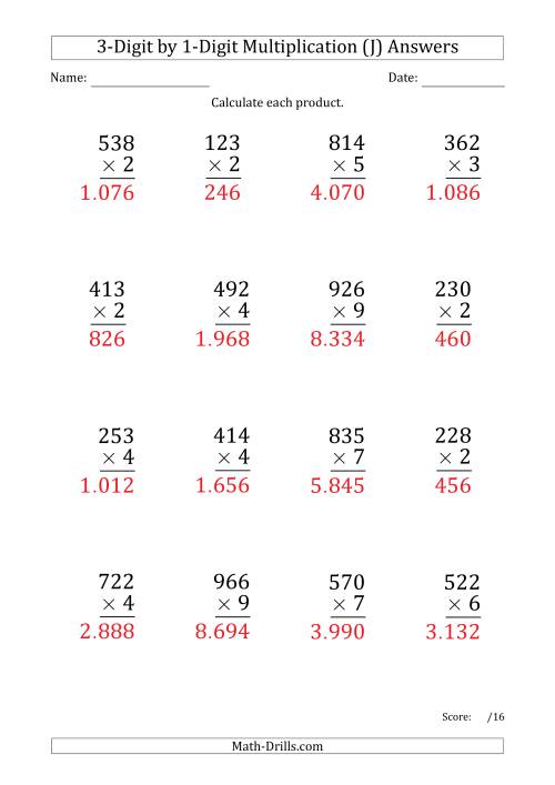 multiplying 3 digit by 1 digit numbers large print with period