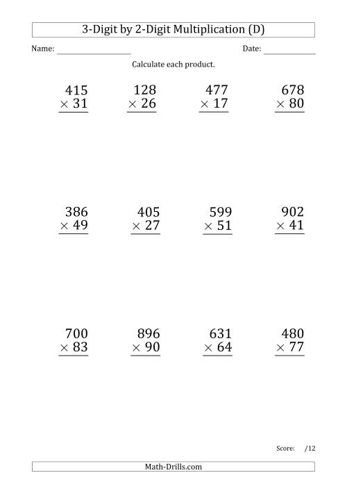 The Multiplying 3-Digit by 2-Digit Numbers (Large Print) with Period-Separated Thousands (D) Math Worksheet