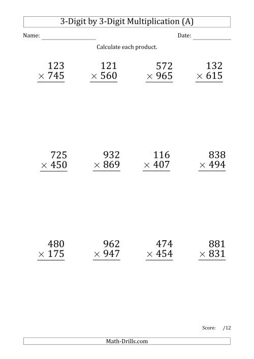 The Multiplying 3-Digit by 3-Digit Numbers (Large Print) with Period-Separated Thousands (A) Math Worksheet