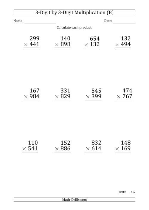 The Multiplying 3-Digit by 3-Digit Numbers (Large Print) with Period-Separated Thousands (B) Math Worksheet