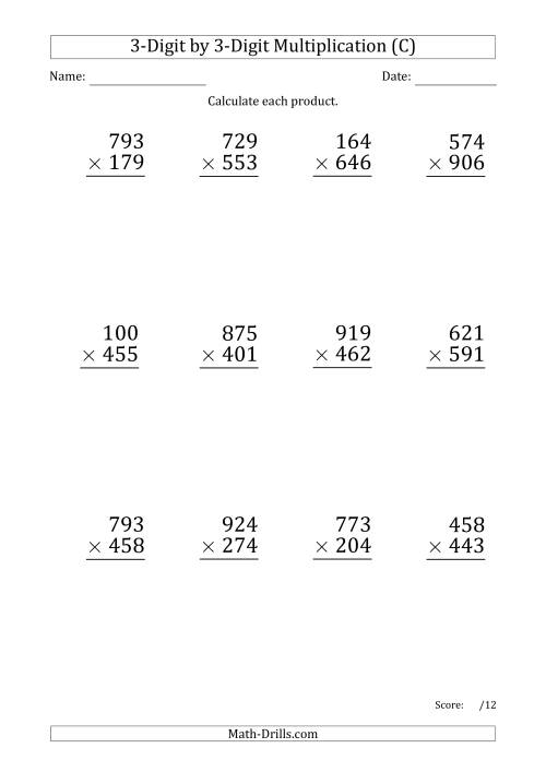 The Multiplying 3-Digit by 3-Digit Numbers (Large Print) with Period-Separated Thousands (C) Math Worksheet