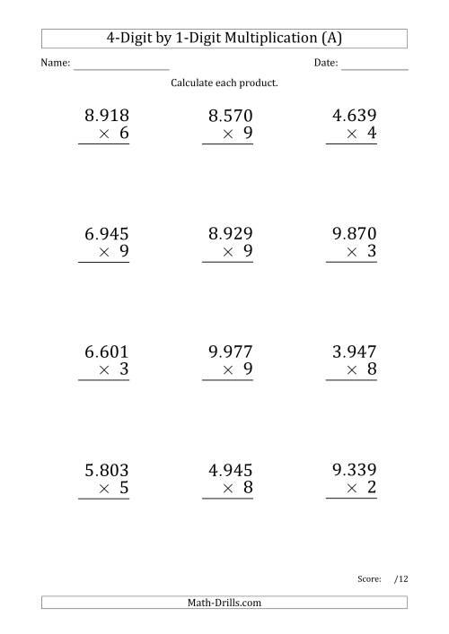 The Multiplying 4-Digit by 1-Digit Numbers (Large Print) with Period-Separated Thousands (A) Math Worksheet