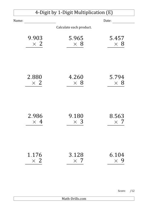 The Multiplying 4-Digit by 1-Digit Numbers (Large Print) with Period-Separated Thousands (E) Math Worksheet