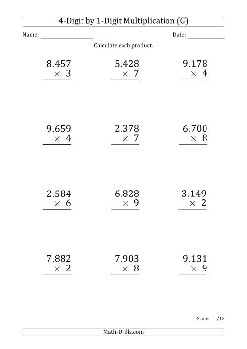 The Multiplying 4-Digit by 1-Digit Numbers (Large Print) with Period-Separated Thousands (G) Math Worksheet