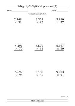 Multiplying 4-Digit by 2-Digit Numbers (Large Print) with Period-Separated Thousands