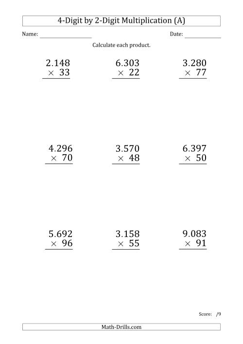 The Multiplying 4-Digit by 2-Digit Numbers (Large Print) with Period-Separated Thousands (A) Math Worksheet