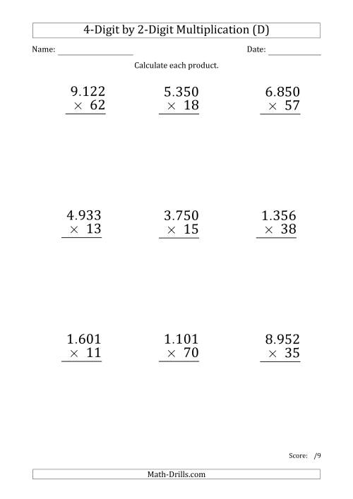 The Multiplying 4-Digit by 2-Digit Numbers (Large Print) with Period-Separated Thousands (D) Math Worksheet