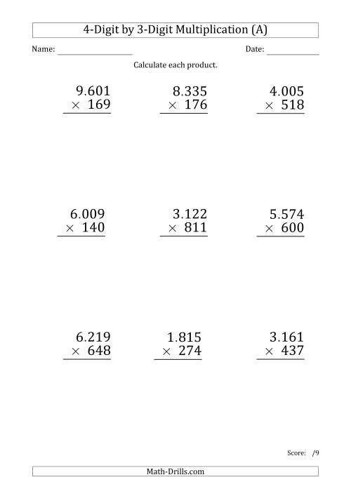 The Multiplying 4-Digit by 3-Digit Numbers (Large Print) with Period-Separated Thousands (A) Math Worksheet