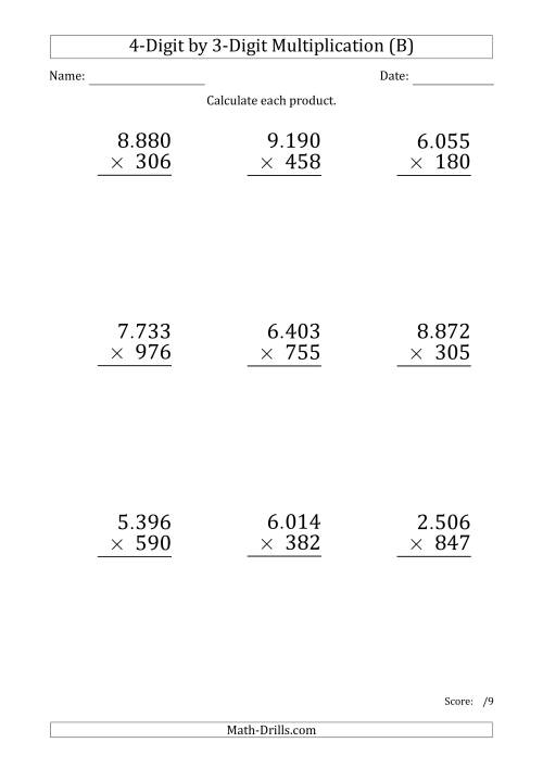 The Multiplying 4-Digit by 3-Digit Numbers (Large Print) with Period-Separated Thousands (B) Math Worksheet