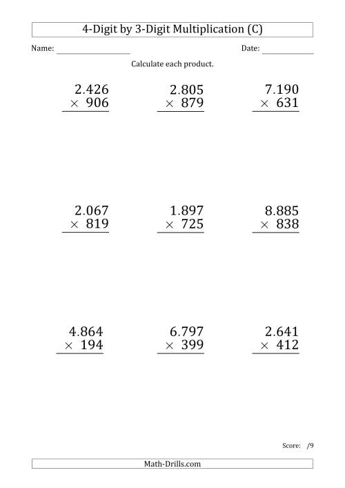 The Multiplying 4-Digit by 3-Digit Numbers (Large Print) with Period-Separated Thousands (C) Math Worksheet