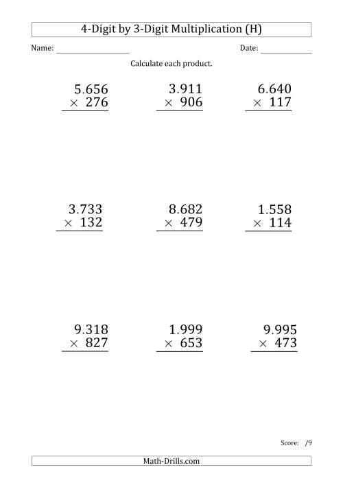 The Multiplying 4-Digit by 3-Digit Numbers (Large Print) with Period-Separated Thousands (H) Math Worksheet