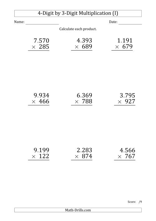 The Multiplying 4-Digit by 3-Digit Numbers (Large Print) with Period-Separated Thousands (I) Math Worksheet