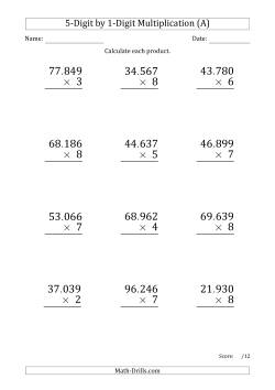 Multiplying 5-Digit by 1-Digit Numbers (Large Print) with Period-Separated Thousands