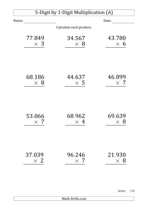 The Multiplying 5-Digit by 1-Digit Numbers (Large Print) with Period-Separated Thousands (A) Math Worksheet