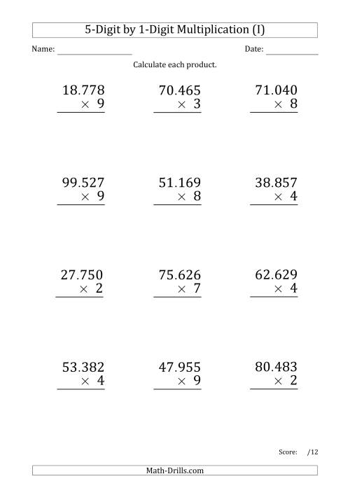 The Multiplying 5-Digit by 1-Digit Numbers (Large Print) with Period-Separated Thousands (I) Math Worksheet