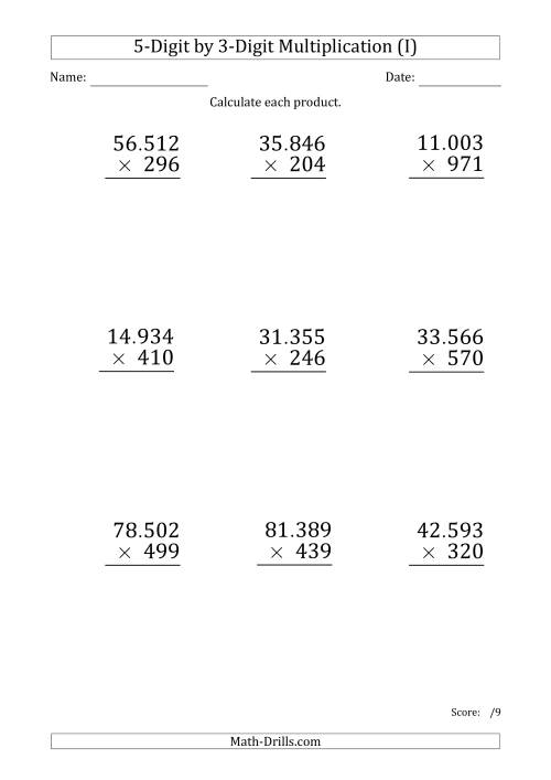 The Multiplying 5-Digit by 3-Digit Numbers (Large Print) with Period-Separated Thousands (I) Math Worksheet