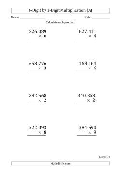 Multiplying 6-Digit by 1-Digit Numbers (Large Print) with Period-Separated Thousands