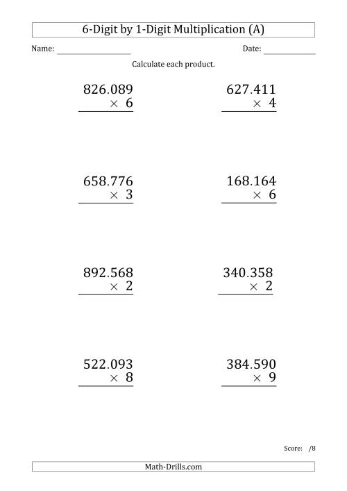 The Multiplying 6-Digit by 1-Digit Numbers (Large Print) with Period-Separated Thousands (A) Math Worksheet