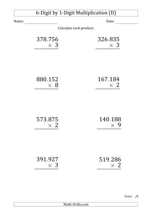 The Multiplying 6-Digit by 1-Digit Numbers (Large Print) with Period-Separated Thousands (D) Math Worksheet
