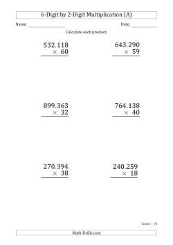 Multiplying 6-Digit by 2-Digit Numbers (Large Print) with Period-Separated Thousands
