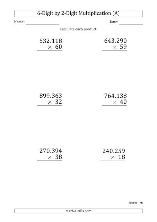 The Multiplying 6-Digit by 2-Digit Numbers (Large Print) with Period-Separated Thousands (A) Math Worksheet