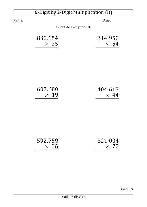 The Multiplying 6-Digit by 2-Digit Numbers (Large Print) with Period-Separated Thousands (H) Math Worksheet