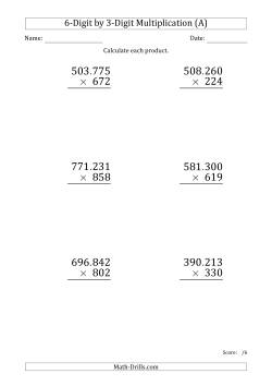 Multiplying 6-Digit by 3-Digit Numbers (Large Print) with Period-Separated Thousands