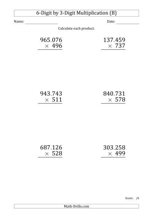 The Multiplying 6-Digit by 3-Digit Numbers (Large Print) with Period-Separated Thousands (B) Math Worksheet