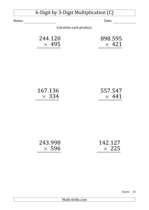 The Multiplying 6-Digit by 3-Digit Numbers (Large Print) with Period-Separated Thousands (C) Math Worksheet