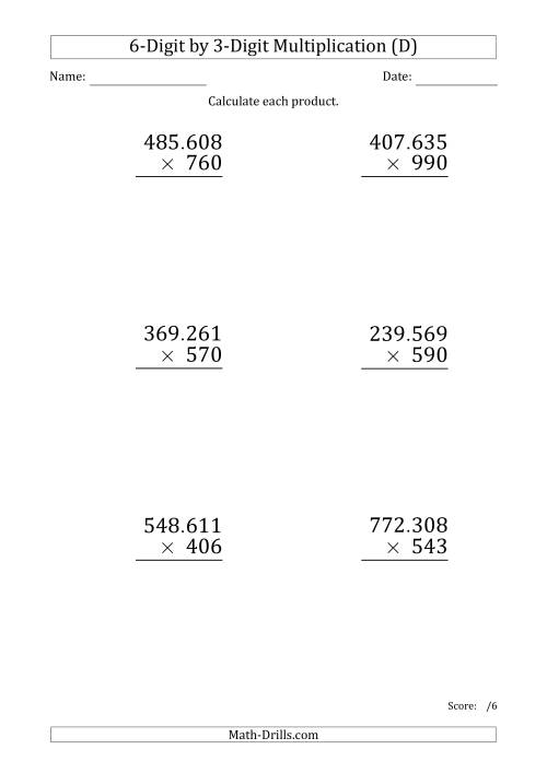 The Multiplying 6-Digit by 3-Digit Numbers (Large Print) with Period-Separated Thousands (D) Math Worksheet