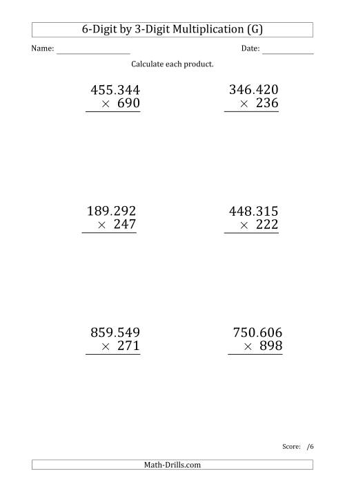 The Multiplying 6-Digit by 3-Digit Numbers (Large Print) with Period-Separated Thousands (G) Math Worksheet