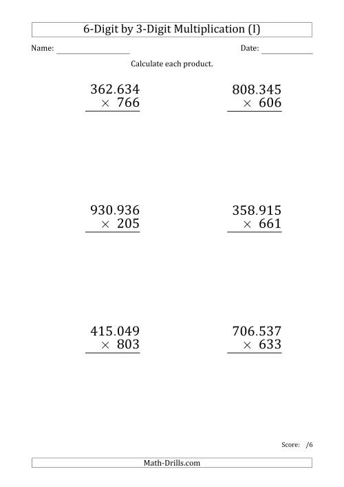 The Multiplying 6-Digit by 3-Digit Numbers (Large Print) with Period-Separated Thousands (I) Math Worksheet