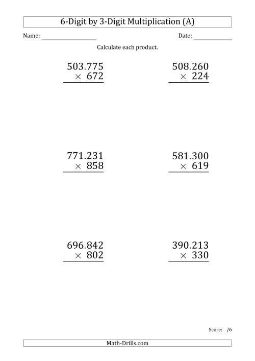 The Multiplying 6-Digit by 3-Digit Numbers (Large Print) with Period-Separated Thousands (All) Math Worksheet
