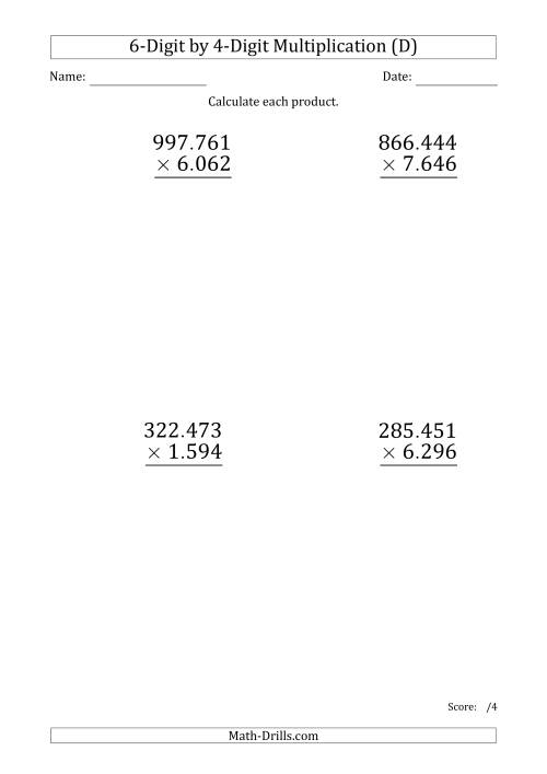 The Multiplying 6-Digit by 4-Digit Numbers (Large Print) with Period-Separated Thousands (D) Math Worksheet