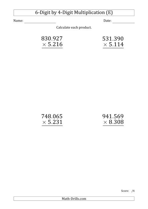 The Multiplying 6-Digit by 4-Digit Numbers (Large Print) with Period-Separated Thousands (E) Math Worksheet