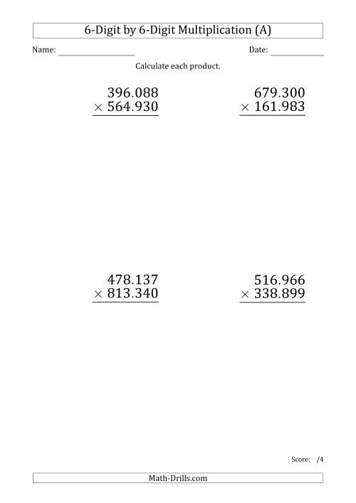 The Multiplying 6-Digit by 6-Digit Numbers (Large Print) with Period-Separated Thousands (A) Math Worksheet