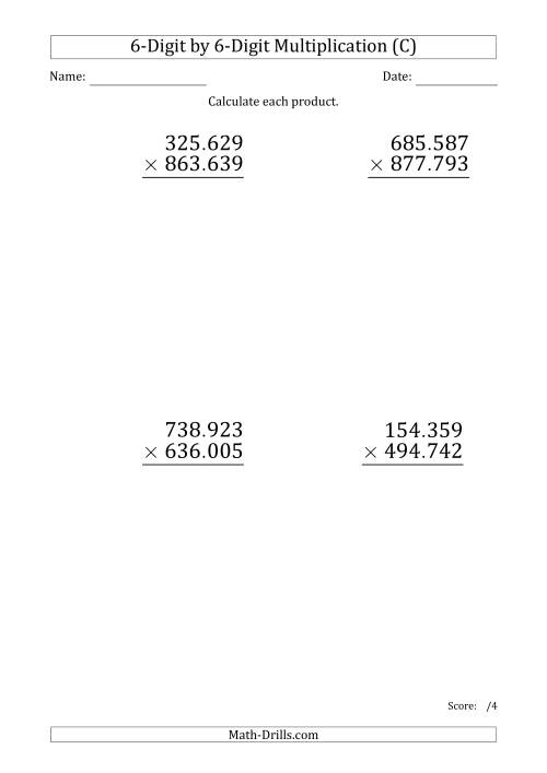 The Multiplying 6-Digit by 6-Digit Numbers (Large Print) with Period-Separated Thousands (C) Math Worksheet