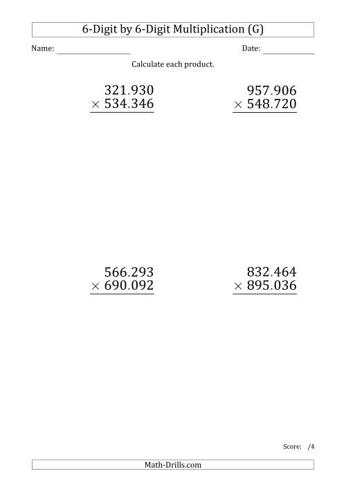 The Multiplying 6-Digit by 6-Digit Numbers (Large Print) with Period-Separated Thousands (G) Math Worksheet