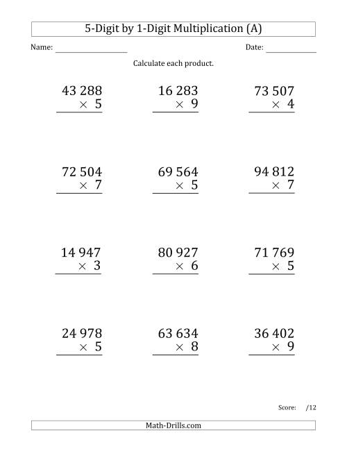The Multiplying 5-Digit by 1-Digit Numbers (Large Print) with Space-Separated Thousands (A) Math Worksheet