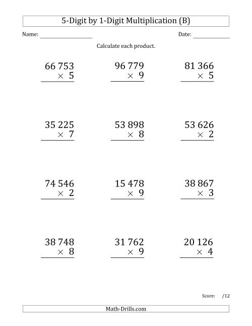 The Multiplying 5-Digit by 1-Digit Numbers (Large Print) with Space-Separated Thousands (B) Math Worksheet